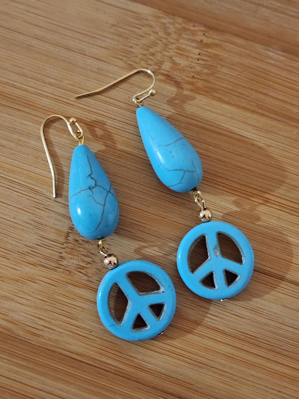 Hand Crafted Turquoise Blue Teardrop Peace Sign Earrings